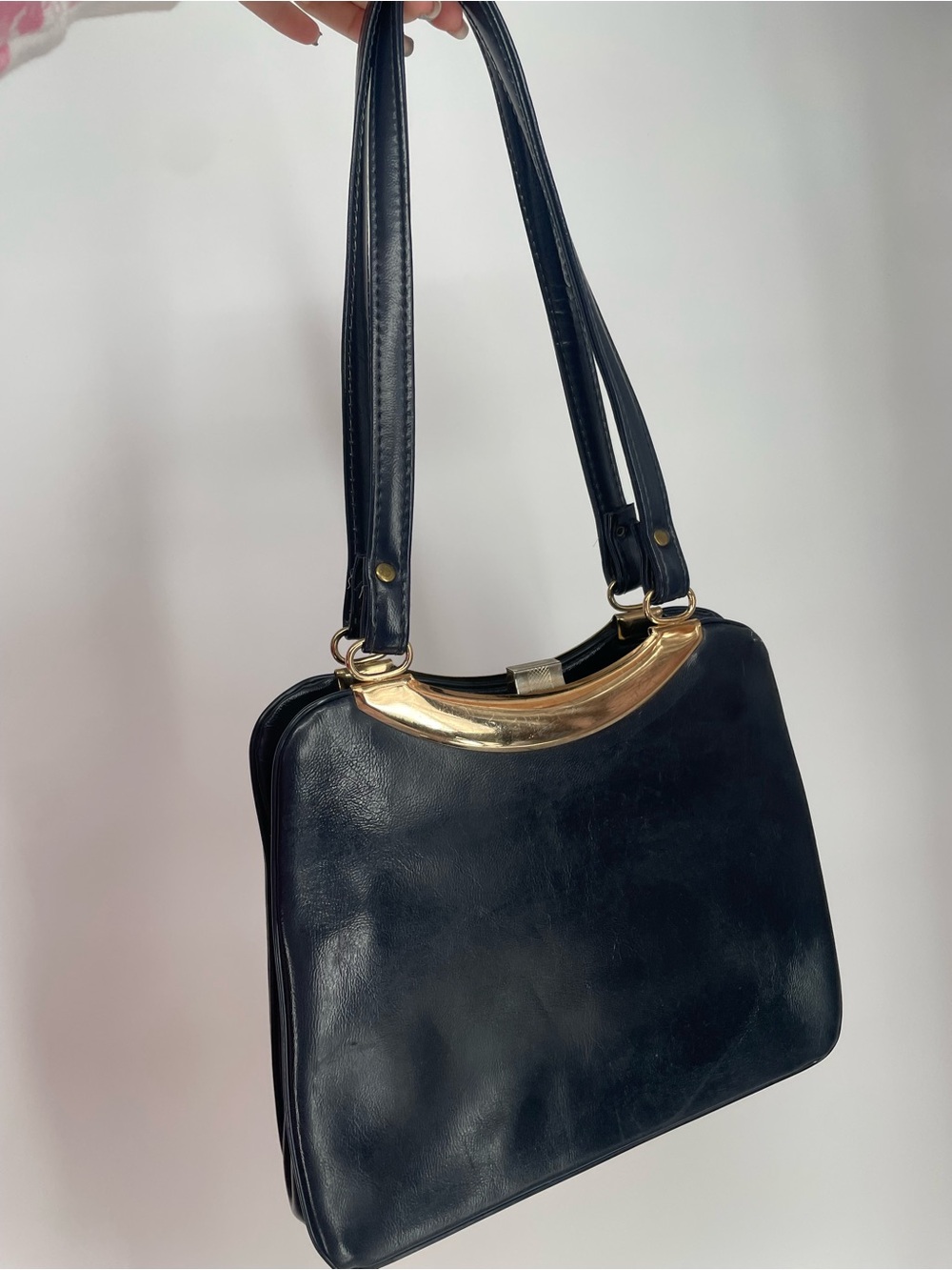 Navy Blue 80s Everyday Shoulder Bag Spacious Interior Pockets Gold Hardware